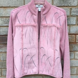 Lisa International Sz Lrg Pink Full Zipper Knit Sweater Cardigan Faux Suede Fur